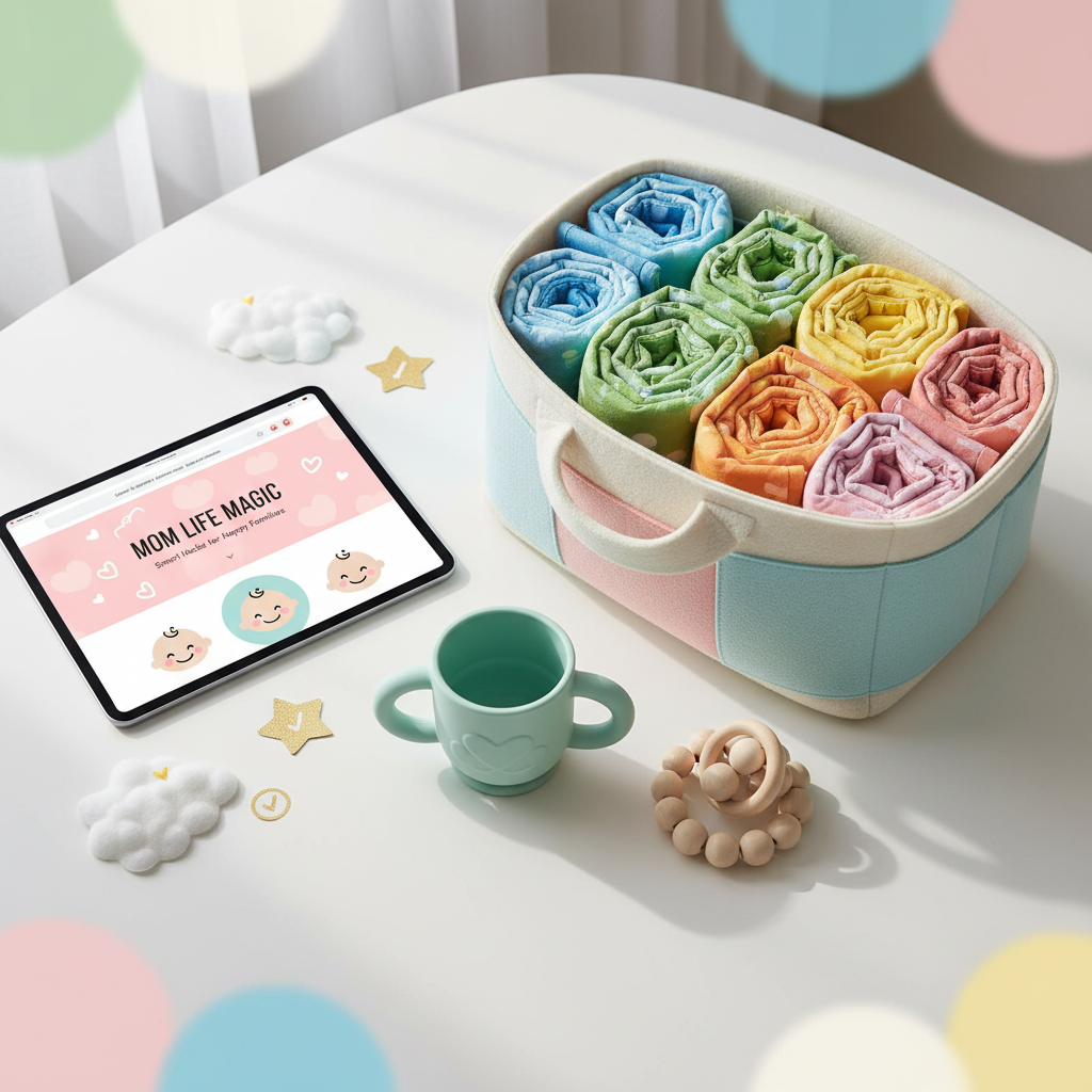 A bright, whimsical flat lay of colorful parenting essentials arranged on a soft, rounded-edge white tabletop. A plump pastel diaper caddy with curved pockets overflows with neatly folded rainbow-hued cloth diapers, a silicone sippy cup with chunky handles, and a smooth wooden rattle with rounded beads. Nearby, a tablet with a playful blog homepage glows softly, surrounded by sticky notes shaped like clouds and stars. Diffused natural daylight from an unseen window creates gentle, soft-edged shadows and crisp highlights on glossy plastic and matte fabric textures. The mood is energetic yet organized, conveying modern mom life hacks. Photographic realism with vibrant colors, shallow depth of field, and a slightly elevated angle, with background elements softly blurred into rounded, abstract shapes for a cheerful, blog-hero style composition.