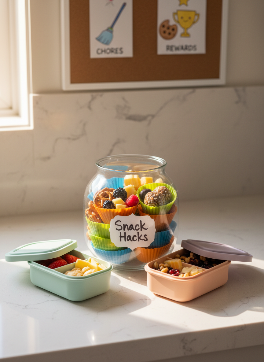 A cozy, modern kitchen counter scene featuring a plump, rounded glass jar labeled “Snack Hacks” in handwritten lettering, filled with neatly stacked, colorful, bite-sized snacks in silicone muffin cups. Surrounding the jar are three small, lidded, pastel bento-style containers with softly curved corners, each showing a peek of healthy treats like sliced fruit and crackers. The counter is a light, matte quartz with subtle speckles, and in the background, a magnetic noteboard with cartoonish icons of chores and rewards is gently out of focus. Late morning natural light pours through an unseen window, creating bright, playful reflections on the glass jar and casting soft, rounded shadows. The composition is eye-level with a slight tilt, emphasizing accessibility and everyday practicality, in a vibrant, photographic style that feels playful, optimistic, and perfect for a parenting blog about clever food tips.